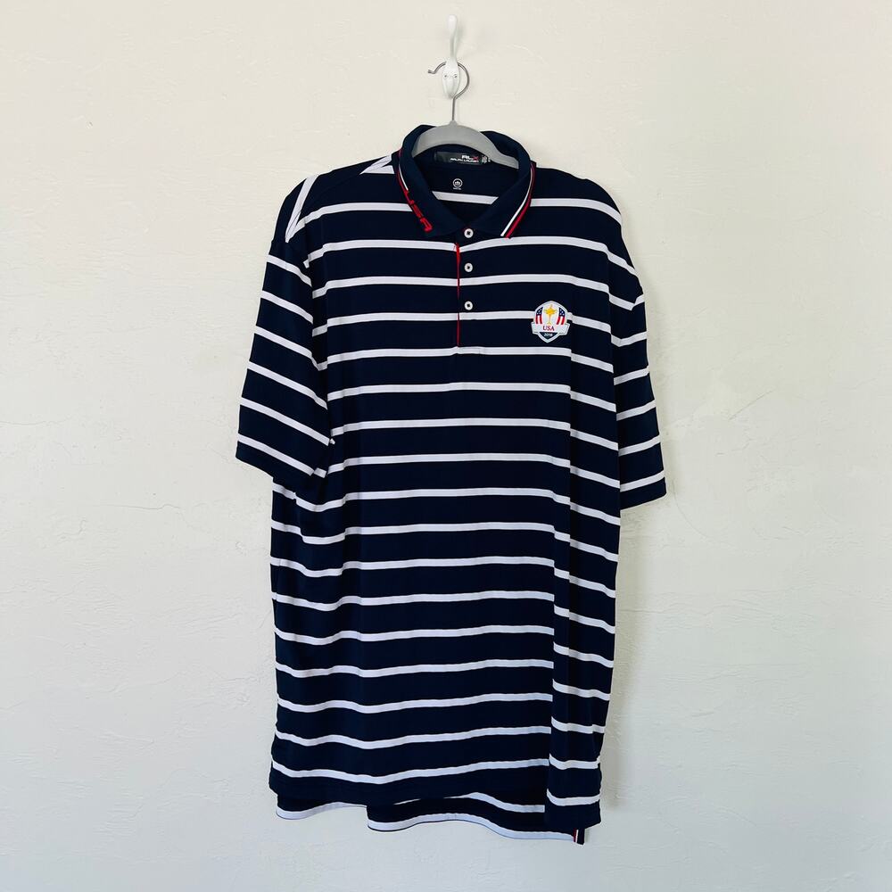 RLX Ralph Lauren 2018 Ryder Cup Team USA Polo XL Navy Stripe Golfcore Preppy